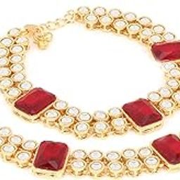 Traditional Gold Plated Bridal Anklets Payal Embellished with Green Stones & Faux Kundans for Women/Girls (A016)-image-88