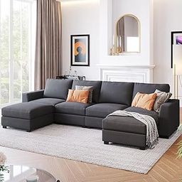 FURNY Wragons 6 Seater Fabric Modular U Shaped Convertible Sofa Set for Living Room (Grey)-image-42