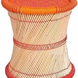 Eco-Friendly Cane Wood Bamboo Sitting Stool, Mudda for Indoor/Outdoor (Red, Orange: Set of 1)-18