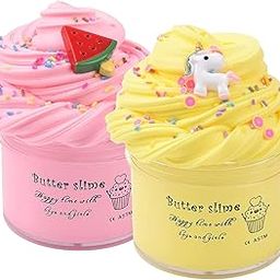 Butter Slime Toy Set, Pink and Yellow, 2 Pack with Decorative Toppings, Watermelon and Unicorn Design-image-88