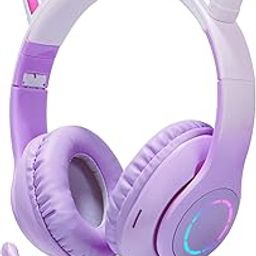 Daemon Headphones, Bluetooth Wireless Headphones for Kids Teens Adults, Over-Ear Bluetooth Headphones with Microphone, Cat Ear Headphones for Girls Women (Purple Plus Mic)-image-53