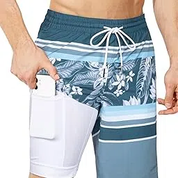 Mens Swim Trunks with Compression Liner Swimming Shorts 2 in 1 Stretch Quick Dry Zipper Pockets-image-85
