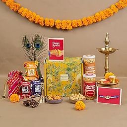 Gladful 9 Products Raksha Bandhan Rakhi Box for Brother– Premium Rakhi, Millet Snack, Gur Chana, Date Nut Squares, Festive Potli, Roli Chawal & Card-20