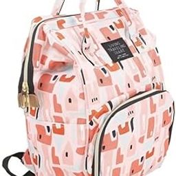 Diaper Bag Backpack with Insulated Bottle Storage, Multi-Pocket Design, Pink Geometric Pattern, Large Capacity-7