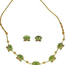 lotus chain green | Gold-Plated Floral Necklace Set for Women & Girls | Elegant Lotus Pendant Jewellery Set for Wedding | Traditional Necklace with Earrings |-7