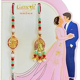 GR Radha Krishna Bhai Bhabhi Rakhi Set with Turquoise and Red Beads, Traditional Gold-Plated Design, 2 Pieces, With Beautiful Couple Design Card, With Roli-Chawal, and Pooja Thali Handcrafted Rakhi For Brother And Bhabhi-24
