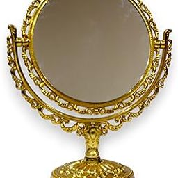Vintage Double-Sided Vanity Mirror, Gold Frame, Decorative Round Tabletop Makeup Mirror with Stand, Magnifying-5