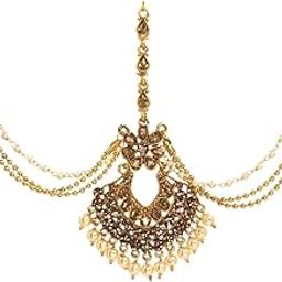 Iridescent Alloy Oxodised Gold Plated Pearl Matha Patti For Girls And Women (Damini05)-image-3