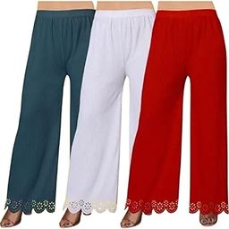 Women’s Lycra Palazzo Pants Stretchable Comfortable and Stylish Flared Trousers Lightweight High-Waist Bottoms for Daily Office Festive & Casual Wear Pack of 3-image-97