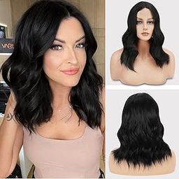 FESHFEN Soft and Smooth 16 Inch Black Wavy Lace Front Synthetic Wigs Middle Parting Medium Shoulder Length Bob Wig Ideal for Women Wedding and Other Function-image-26