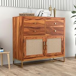 GADWAL FURNITURE Wooden Chest of Drawer with 4 Drawer & 2 Shelves Sideboard Cabinet for Elegant Living Room Storage - Chest of Drawers Wooden Drawer Cabinet for Bedroom Home Decor (Honey)-image-32