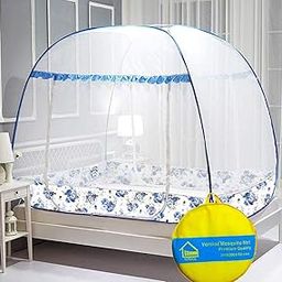 VERDIOZ Mosquito Net Rectangular Super King Size Terylene Foldable Mosquito Net for Double Bed, with Mobile Pocket, PVC Coated Corrosion Free Steel Wire,30 GSM Whitest Net-(200X200X160 Cm- Blue)-12