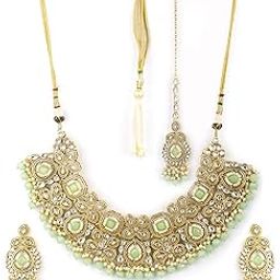 Mint Green Stone Studded Kundan Jewellery Set for Women | Fancy Bridal Jewellery Set for Women & Girls with Earrings & Maangtikka-image-50