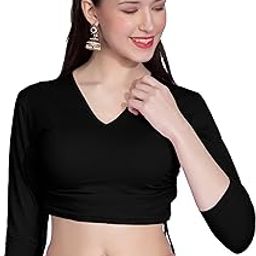 B4083 Women's Cotton V Neck 3/4 Sleeves Adjustable Drawstring Crop Tops Readymade Saree Blouse for Women-image-23