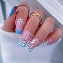 FWS Artificial fake Press On Nails Art Set (Set Of 20) Reusable Nails Extension,BridalNails,Stick-On Nails,Manicure Art Set, AcrylicNails,False Nails,DesignerNails | Nail Glue, Nail file, cuticle pusher, cleaning wipe | Matte Sky Blue French Floral Shape Long Square-image-83