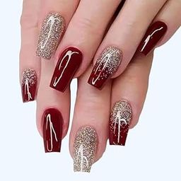 TREXEE New Set of 24 Artificial Reusable Nails in Half Red Half Golden Design With Glue-8