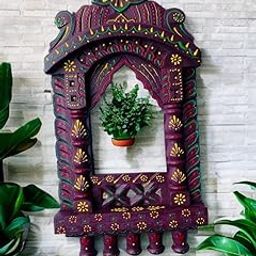 Noor Antique Designs Handcrafted Wooden Jharokha Mirror Frame, Purple with Yellow Floral Design, Traditional Wall Decor 16x9x2 inches-image-10