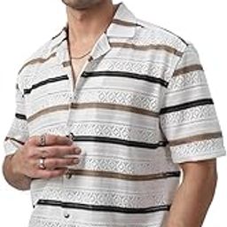 Men's Cotton Half Sleeve Oversized Fit Textured Crochet Shirt with Cuban Collar-image-43