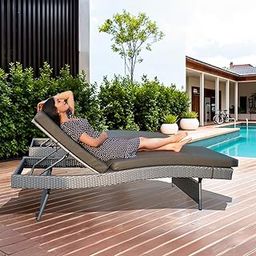 DEVOKO Outdoor Chaise Lounge Chair, All-Weather HDPE Wicker Patio Poolside Lounger Silver Grey Rattan Recliner with Adjustable Backrest & Removable Dark Grey Cushion for Garden, Balcony-image-82