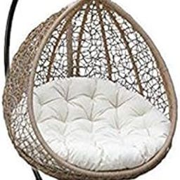 Hindoro Rattan Wicker Wrought Iron Single Seater Swing Chair with Stand & Cushion & Hook Outdoor || Indoor || Balcony || Garden || Patio || Living Outdoor Furniture (Beige with White, Oval)-picture-7