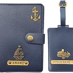 Personalized Custom Genuine PU Leather Passport Cover with Luggage Tag/Name Crafted with Charms/Unique Design Unisex (Set of 2) Blue-47