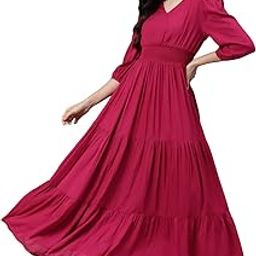 Women's Solid Rayon Smocking Tiered Dress for Women|V Neck 3/4 Sleeves Fit & Flare Ankle Length Maxi Casual Western Plus Size Dress for Ladies Party Casual Wear Outfits (Magenta)-4
