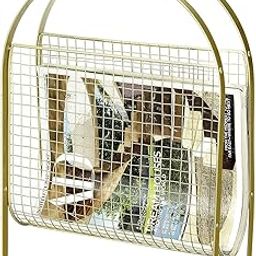 38522 Modern Mid-Century Design Vintage Metal Freestanding Magazine Organizer Holder Rack Sling - Golden-image-99