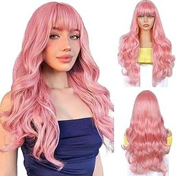 QUEENTAS 23 inch Long Pink Hair Wig for Women Full Head Wavy Cruly Wigs with Bangs Synthetic Wig for Diwali-image-98