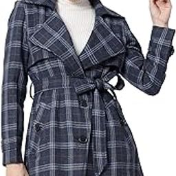 women blue double breasted wool check coat-image-80