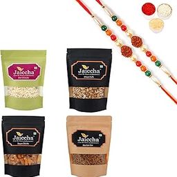 Jaiccha Ghasitaram Rakhi Gifts for Brothers - Pack of 4 Diet Chiwda, SOYA Sticks, Nachini Sev and Wheat Puffs with 2 Rudraksh Rakhis-image-15