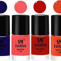 SM FASHION Nail Polish Combo Set (Pack of 4) Quick Dry Gel Finish Nail Paint | Dark Blue,Light Pink,Red Orange,Reddish Orange | 7 ml Each-8