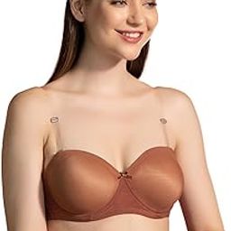 Womens Lace Padded Underwired Demi Cup Strapless T-Shirt Bra with Transparent Straps & Band-image-1