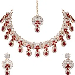 atasi international Crystals Necklace with Earrings and Maang Tikka Jewellery Set for Women Suited for Party, Wedding, Engagement (5880)-picture-23