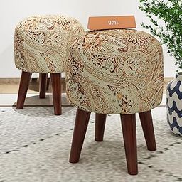 Amazon Brand - Umi Stool for Living Room Set of 2 Printed Velvet Fabric Upholstered Foam Cushioned Ottoman Puffy for Foot Rest with 4 Wooden Legs (Brown)-6