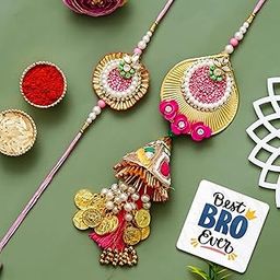 eCraftIndia Pink Designer Rakhis for Brother and Bhabhi | Bhaiya Bhabhi Rakhi Set of 2 | Lumba Rakhi | Best Bro Ever Fridge Magnet | Roli Chawal Pack-9