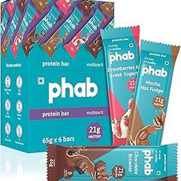 Phab Assorted (Chocolate Brownie, Mocha Nut Fudge, Strawberries & Greek Yogurt) 21G Protein Bars (Pack Of 6), Fitness & Immunity With Goodness Of Dates-390 Gram-32