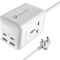 UltraProlink 6 in 1 65W PD GaN Fast Charger Multi Port station |2 Type-C (PD),2 USB-A Ports & 2AC Sockets with Surge Protection|Higher Device Safety with ISI approved 2m Heavy Duty Cable|Power Qube 65-25