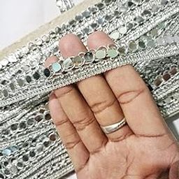 Lacesnmore Mirror Lace Reel Border Silver for Women's, Silver lace with Round Mirror, Silver Sequin Sitara Lace Border (9mtr)-image-14