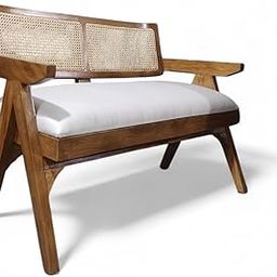 Teak Wood Rattan Back 2-Seater Sofa, White Cushion, Natural Matte Finish-image-4