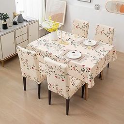 House of Quirk Dining Chair Cover with Table Covers for Kitchen Waterproof Dining Table Cloth (Beige Tulip, 1 Table Cover + 4 Chair Cover)-image-84