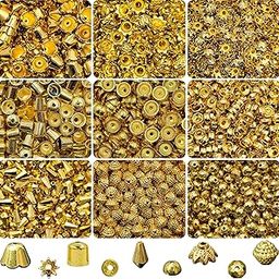 INDIKONB Gold Beads and Caps Combo Set | Golden Plated Beads for Jewellery, Aari Work, Rakhi, and Embroidery Making-image-22