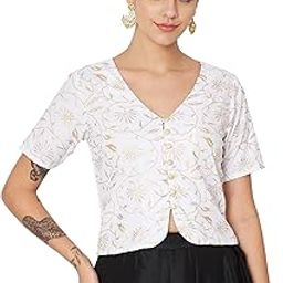 Women's Viscose Block Printed Button Down Readymade Saree Blouse for Wedding Festive Party-31