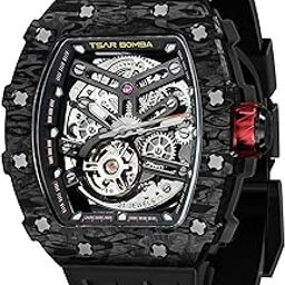 tsar bomba Men's Automatic Watch Tonneau Luxury Skeleton Watches for Men Mechanical 50M Waterproof Analogue Watches Mens Unique Cool Silver Square Big Face Dial Wristwatch with Silicone Strap Band-picture-40