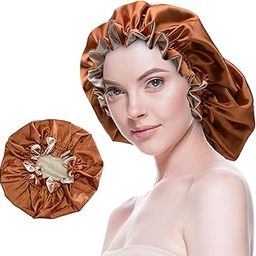 Beutyme Silk Bonnet for Sleeping Satin Bonnets Double Layer Reversible Hair Cap Bonnet for Women Long Curly Braid Hair (Copper), Copper, Medium-23