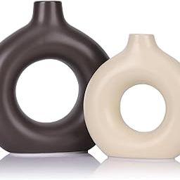 Xtore Persian Pink Ceramic Donut Vases for Home Décor | Minimalist Aesthetic Decorative Vase for Living Room, Bedroom, Office, Shelf, Coffee Table, Dining Table - (Pack of 2, Grass not Included)-image-25