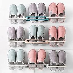 PERLMAN Plastic Slippers Rack Hanging Shoe Organizers For Home 3 In 1 Folding Holder Shoes Hanger Wall Mounted Shoe And Bathroom Towel Organizer Rack(Blue)-image-10