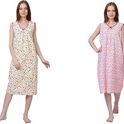 Woman's Long Short Combo Cotton Nighty Multicolour-image-43