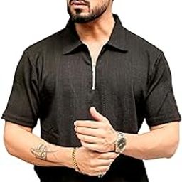 Loosefit Polo Tshirt for Mens || Oversize|| Zipper with Texture Fabric Tshirt for Men. Black-image-32