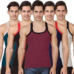 Men's Rib Gym Vest Multicolor Pack (Pack of 5) Interlock Fabric | Contrast Binding-23