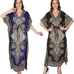 Combo Pack of 2 Women's Kaftan Dress Beach Ladies Sleepwear Night Gown Robe V-Neck Cover Up Night Wear (Multicolor, Free Size)-11